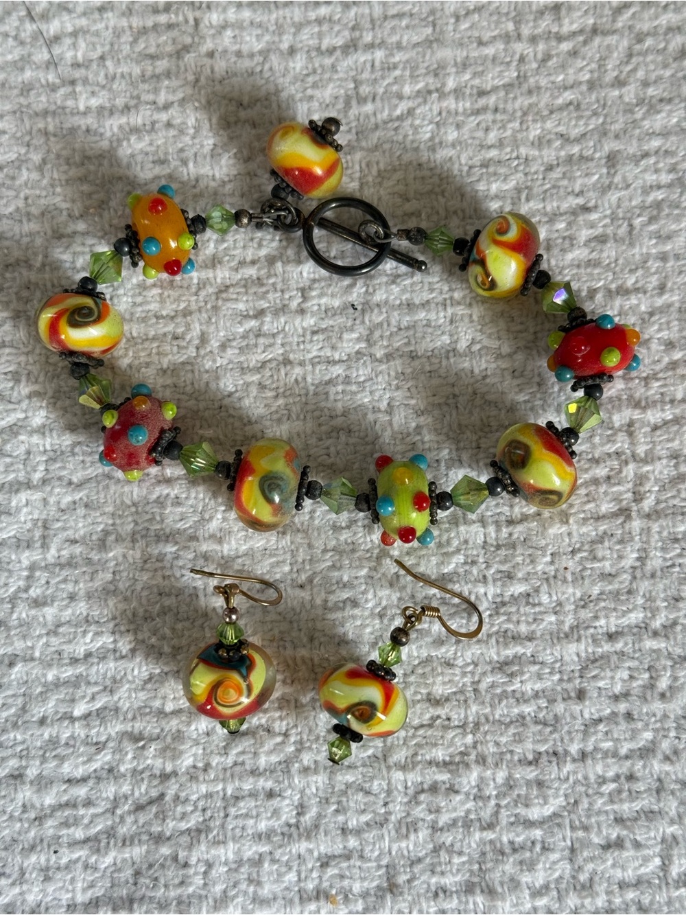 Handmade Yellow Multicolor Lampwork Bead Bracelet & Earrings Set